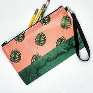 Hand Printed canvas clutch wristlet purse or cosmetic bag with monsterra leaf